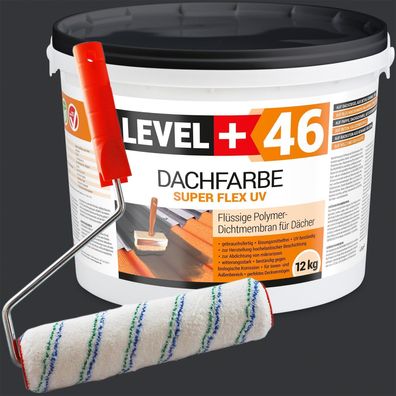 Dachfarbe 12kg Flexible Sockelfarbe Dachlack Anthrazit + Farbroller 25cm Set RM46