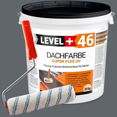 Dachfarbe 25kg Flexible Sockelfarbe Dachlack Steingrau + Farbroller 25cm Set RM46