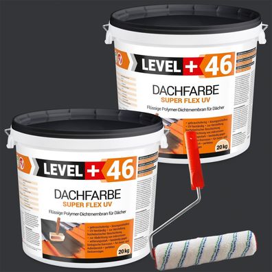 Dachfarbe 40kg Flexible Dachlack Sockelfarbe Anthrazit + Farbroller 25cm Set RM46