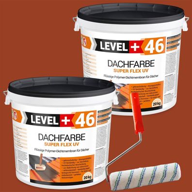 Dachfarbe 40kg Flexible Dachlack Sockelfarbe Ziegelrot + Farbroller 25cm Set RM46