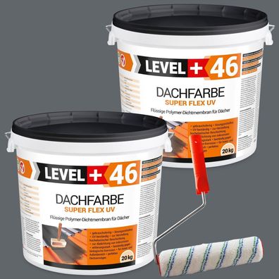 Dachfarbe 40kg Flexible Sockelfarbe Dachlack Steingrau + Farbroller 25cm Set RM46