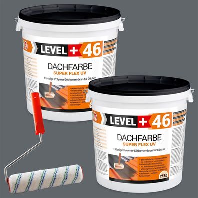 Dachfarbe 50kg Flexible Sockelfarbe Dachlack Steingrau + Farbroller 25cm Set RM46