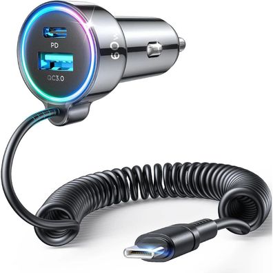 3-in-1-Schnellladegerät fürs Auto mit USB-Typ-C-Kabel, 1,6 m, 60 W - Schwarz