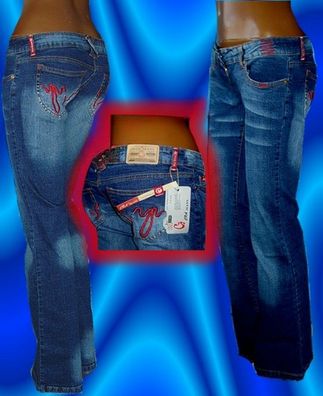 SeXy Damen Jeans Girly Hüft Hose Low cut Stickerei W30/40 DE 38 NEU blau rot