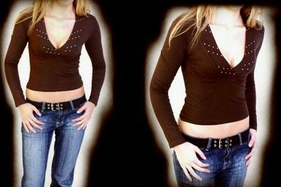 Sexy Miss Damen Girly V Top Langarm Shirt Strass Spitze Borde XS/S NEU braun