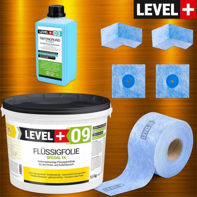 Dicht-Set für Bad Dusche Balkon Abdichtung Dichtband Flussigfolie 9,5kg LEVEL+ SET65