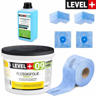 Dicht-Set für Dusche, Bad, Balkonabdichtung Flussigfolie 9,5kg Dichtband LEVEL+ SET65
