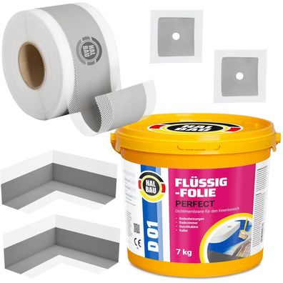 Dichtset Flüssigfolie 7Kg Dichtband 10m Dichtecken Manschetten Dusche Bad H16