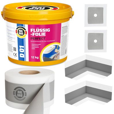 Dichtset Flüssigfolie 12Kg Dichtecken Dichtband 15m Abdichtung Dusche Bad H25