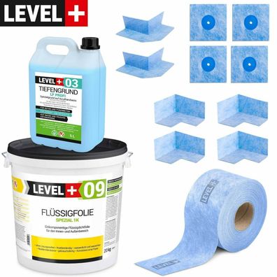 Dichtset LEVEL+ 20kg Abdichtung Balkon Bad Dusche Flussigfolie Spezial LEVEL+ SET69