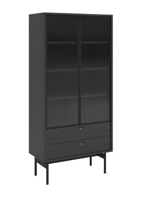 Selsey Olar - Vitrine mit 3 Regalböden, Holzoptik Esche Portland Schwarz, 85 cm