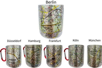 Stadtplan Edelstahltasse mit Karabiner Kaffeetasse Teetasse Kaffeepott Outdoor