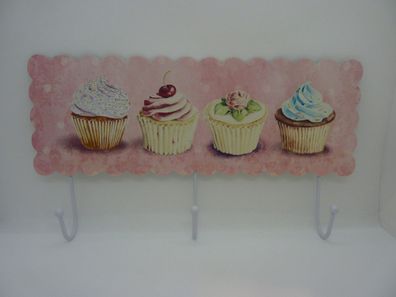 Metall-Hakenleiste Cup Cake Print, 3 Haken, Rosa oder Mint (zufällige Auswahl)