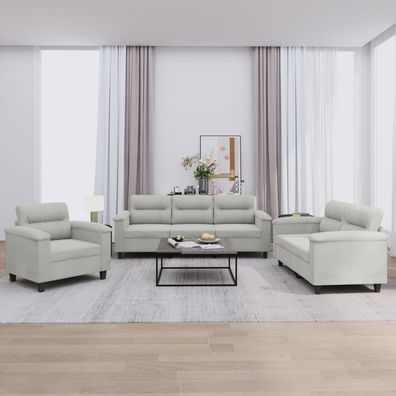 vidaXL 3-tlg. Sofagarnitur mit Kissen Hellgrau Mikrofasergewebe