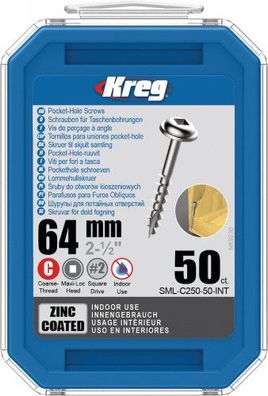 Kreg Pocket-Hole Schrauben 64 mm, Verzinkt, Maxi-Loc, Grobgewinde, 50 Stück