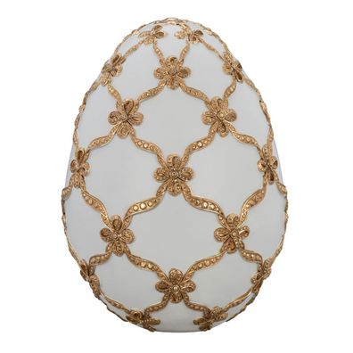 Deko-Ei 23 x Ø 17.5cm Kunststein weiß Schleifen-Goldverzierung stehendes Osterei