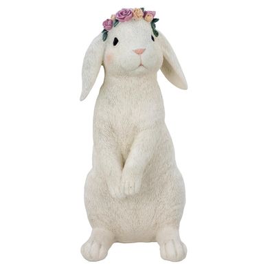 Deko-Hase 30 cm Kunststein Hasenfigur mit Blumenkranz Dekofigur Ostern Osterhase