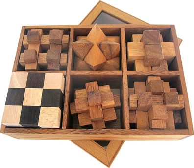 6 Knobelspiele im Set - 3D Puzzle - in edler Geschenkbox aus Holz