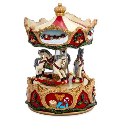 große farbige Spieluhr Ø 10.5 cm Karussell mit Pferden Kunststein