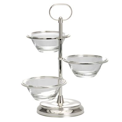 versilberte 3-stöckige Snack Etagere 29 cm hoch mit Glasschalen