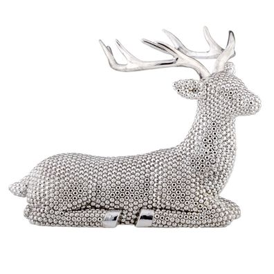 silbernes großes Deko Rentier aus Kunststein Diamanten Optik 23.5 cm
