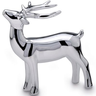 kleines glänzendes silbernes Porzellan Deko Rentier 13.7 cm hoch