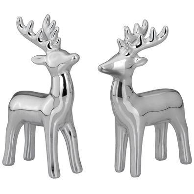 kleine silberne Porzellan Deko Rentiere 2-teilig 11.6 cm hoch