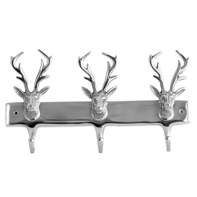 kleine Aluminium Wandgarderobe 3 Wandhaken mit Hirsch Motiv