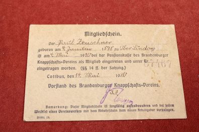 Mitgliedschein Pensionskasse des Brandenburger Knappschafts-Vereins Cottbus 1920