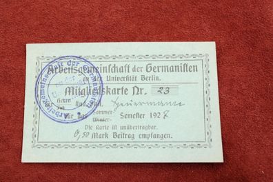 Original-Dokument Mitgliedskarte Universität Berlin Sommersemester 1927