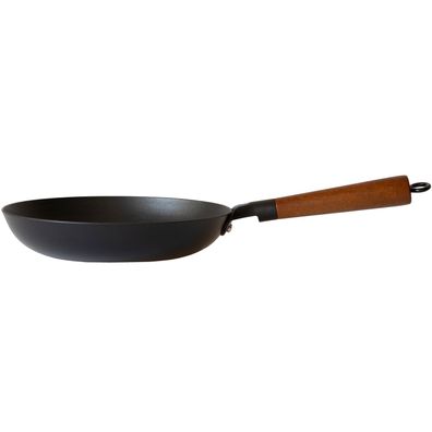 BAF große flache Bratpfanne 26 cm beschichtet aus Gusseisen mit Holzgriff