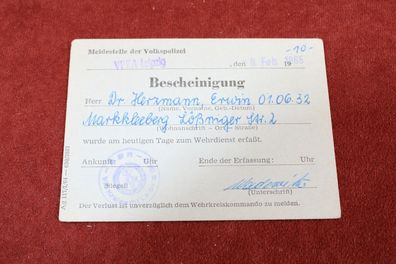 DDR Bescheinigung Wehrdiensterfassung, Meldestelle d. Volkspolizei 1965, Leipzig