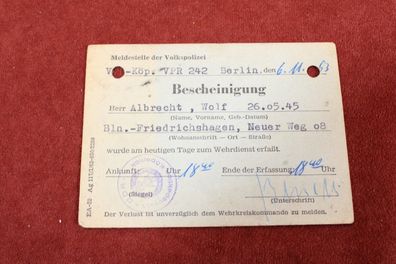 DDR Bescheinigung Wehrdiensterfassung, Meldestelle der Volkspolizei 1963, erlin