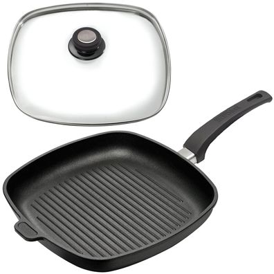 Eurolux Grillpfanne eckig Guss Pfanne 28 cm Aluguss antihaft & Glasdeckel