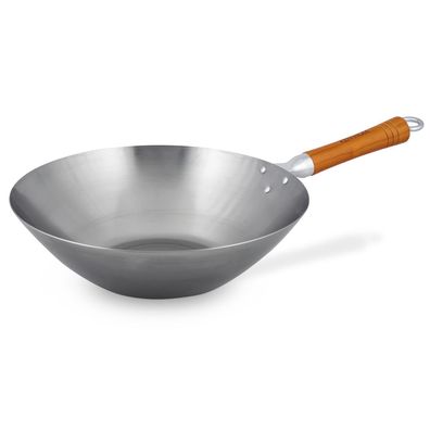 Ken Hom Wok 31 cm unbeschichtet Karbonstahl Holzgriff - Wokpfanne ohne Induktion