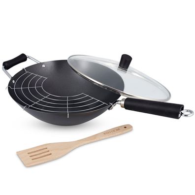 Ken Hom 4-tlg. Wok Set 31 cm Induktion aus Karbonstahl mit Antihaftbeschichtung