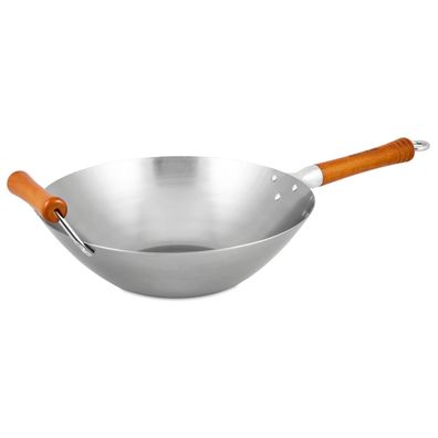 Ken Hom Wok 32 cm Induktion groß unbeschichteter Karbonstahl mit Buchenholzgriff