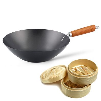 Ken Hom Antihaft Wok 31 cm Set Karbon Holzgriff ohne Induktion Dampfkorb Ø 20 cm