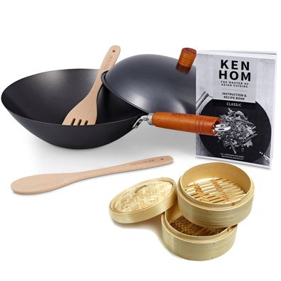 Ken Hom 6-tlg. Wok Set 31 cm Karbon beschichtet ohne Induktion Dampfkorb Ø 20 cm