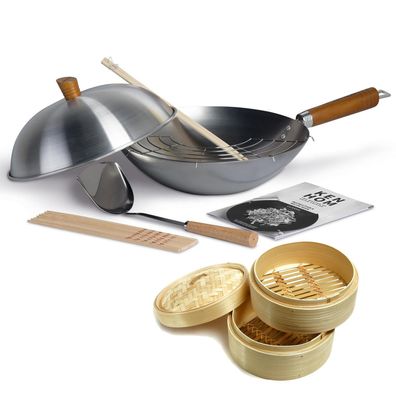 Ken Hom 11-tlg. Wok Set 31 cm Wokpfanne Karbon ohne Induktion Dampfkorb Ø 20 cm