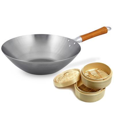 Ken Hom Wok 31 cm ohne Induktion Set Karbonstahl Holzgriff & Dampfkorb Ø 20 cm