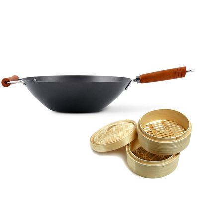 Ken Hom Wok 35 cm Set ohne Induktion Karbonstahl Holzgriff & Dampfkorb Ø 20 cm