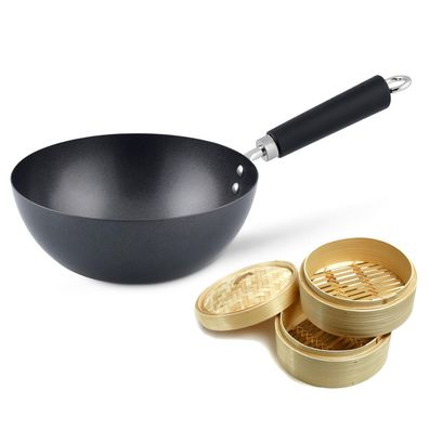 Ken Hom Antihaft Wok Induktion 20 cm Karbonstahl Phenolgriff & Dampfkorb Ø 20 cm