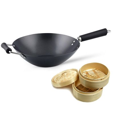 Ken Hom Wok Induktion 31 cm Antihaft Karbonstahl Phenolgriff & Dampfkorb Ø 20 cm