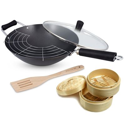 Ken Hom 5-tlg. Karbon Wok Set 31 cm Induktion Antihaft inkl. Dampfkorb Ø 20 cm