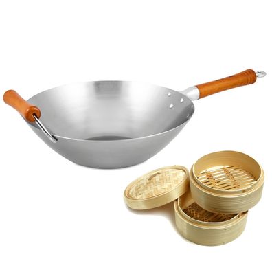 Ken Hom Wok 32 cm Induktion Karbon unbeschichtet Holzgriff & Dampfkorb Ø 20 cm