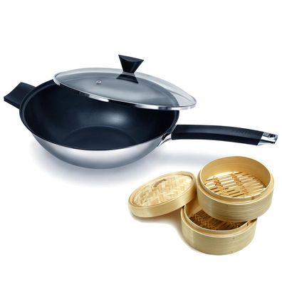 Ken Hom 3tlg. Edelstahl Wok Set 32cm Induktion Deckel Antihaft Dampfkorb Ø 20 cm