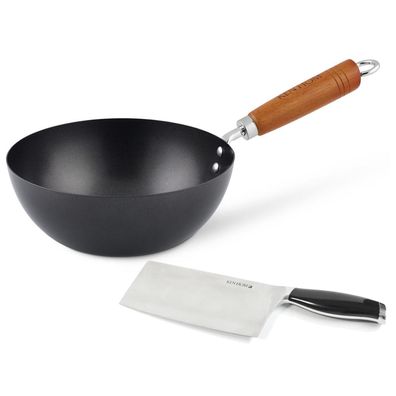 Ken Hom Antihaft Mini Wok 20 cm ohne Induktion Karbonstahl mit Hackmesser 18 cm