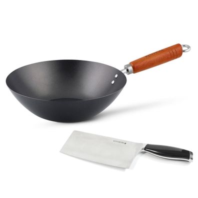 Ken Hom Antihaft Wok 27 cm ohne Induktion Karbon Holzgriff mit Hackmesser 18 cm