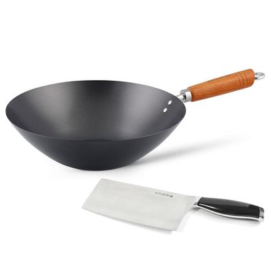 Ken Hom Antihaft Wok 31 cm ohne Induktion Karbon Holzgriff mit Hackmesser 18 cm